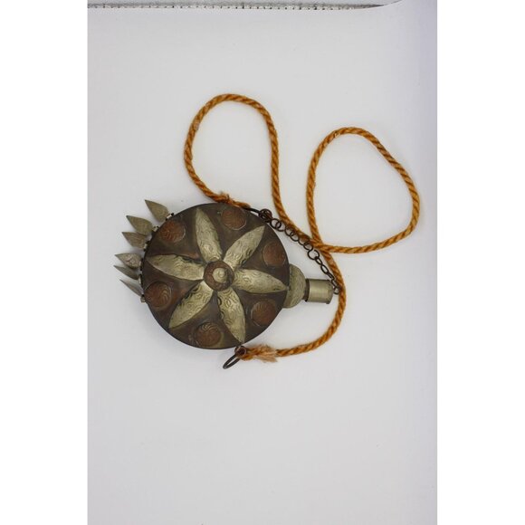 Antique Moroccan Brass Powder Flask: Handcrafted Tribal Decor with Dangles - Picture 7 of 9